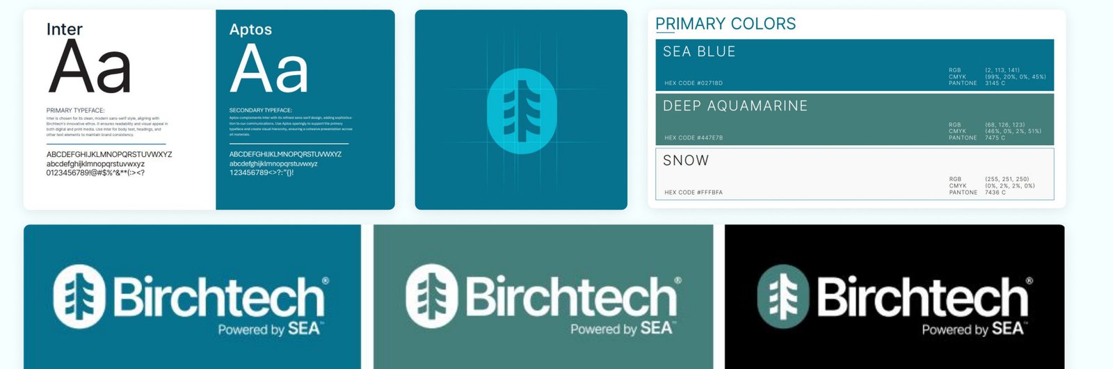 Birchtech brand book, typography, colour palette and logo lockups