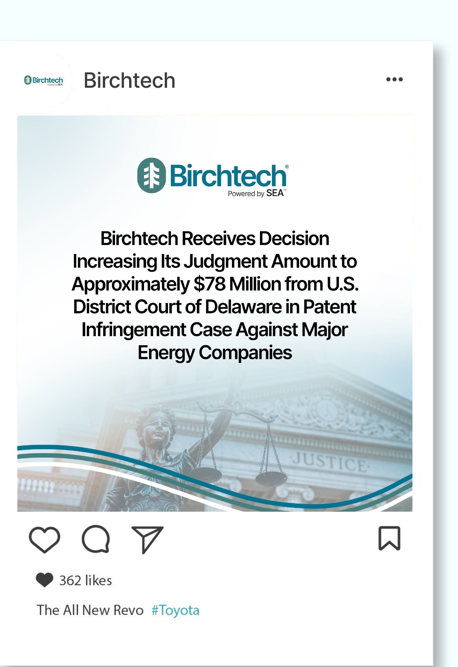 Birchtech social post, ~$78M patent-infringement judgment