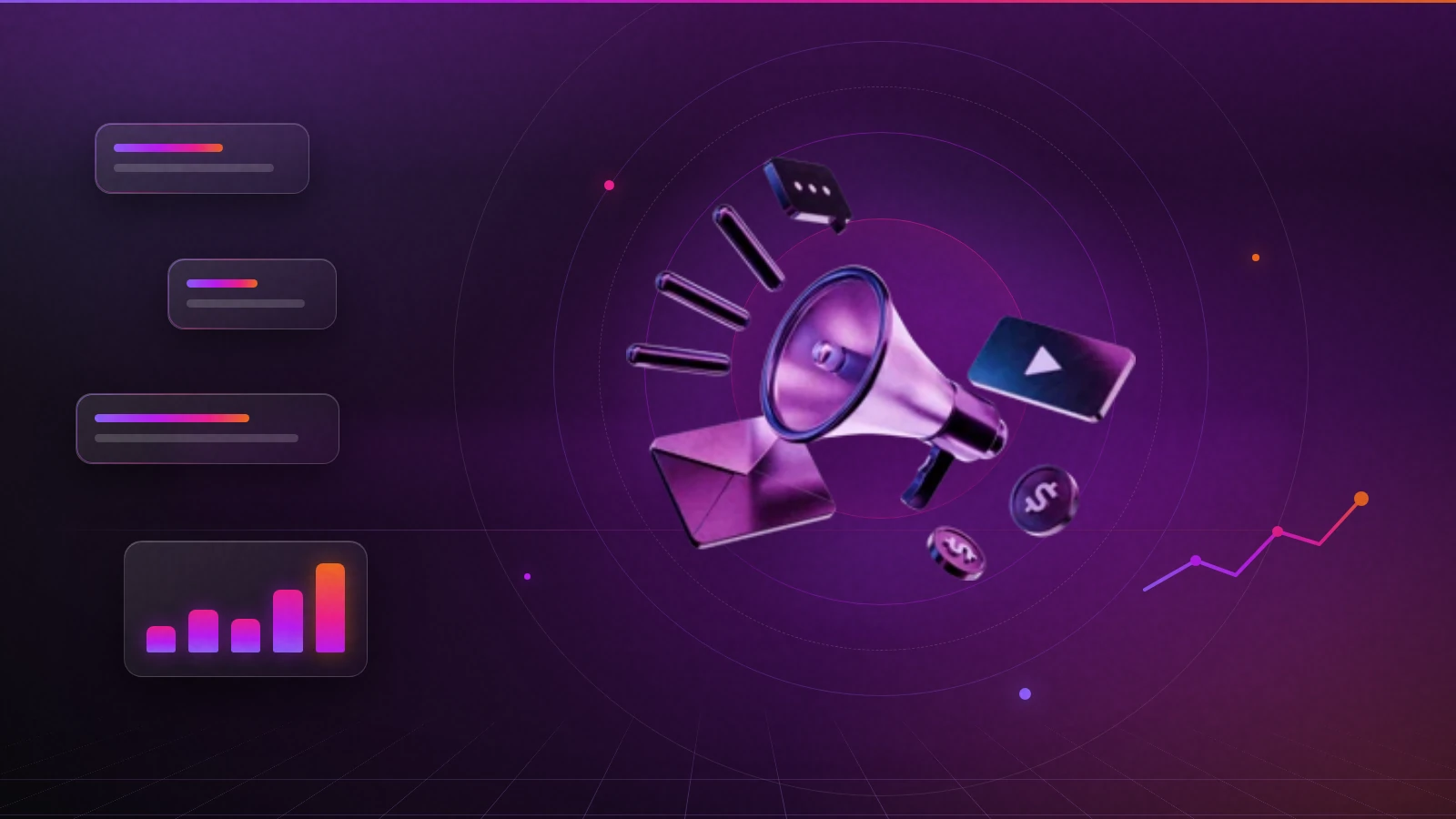 Dart Marketing illustration of a digital growth system: a bullseye at the centre with rising performance charts and campaign metrics around it