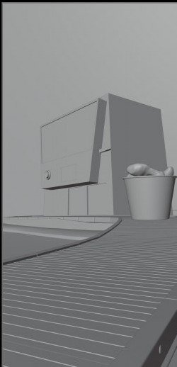 3D wireframe view, props modelled and matched to the scene